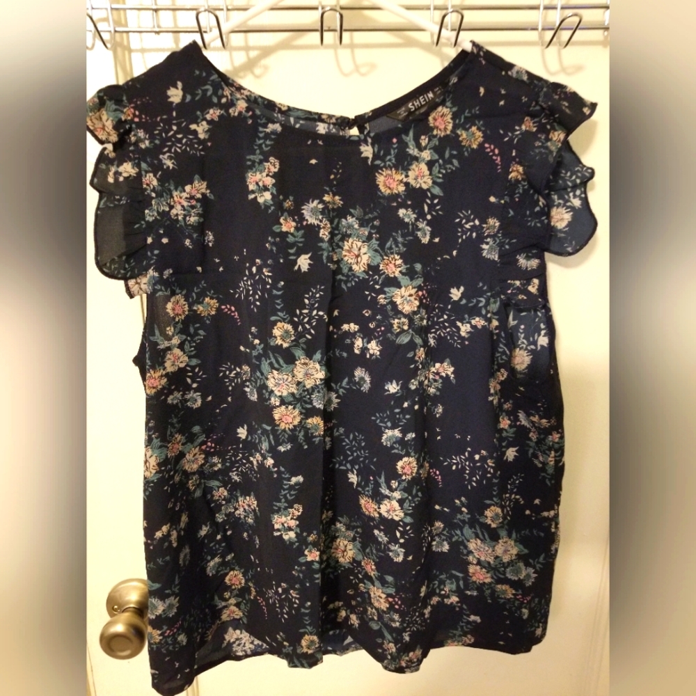 Blue floral chiffon blouse